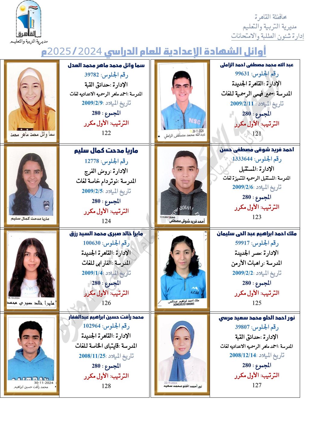 أوائل طلاب الشهادة الإعدادية 2025