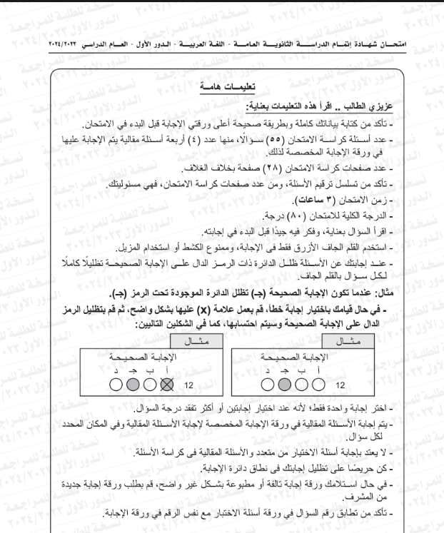 نموذج امتحان اللغة العربية 2024