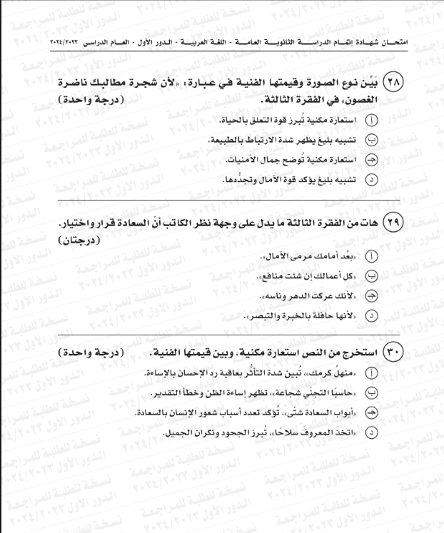 نموذج امتحان اللغة العربية 2024