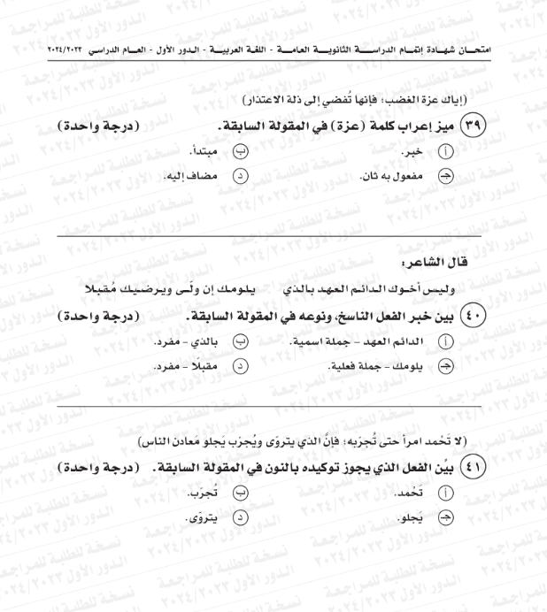 نموذج امتحان اللغة العربية 2024