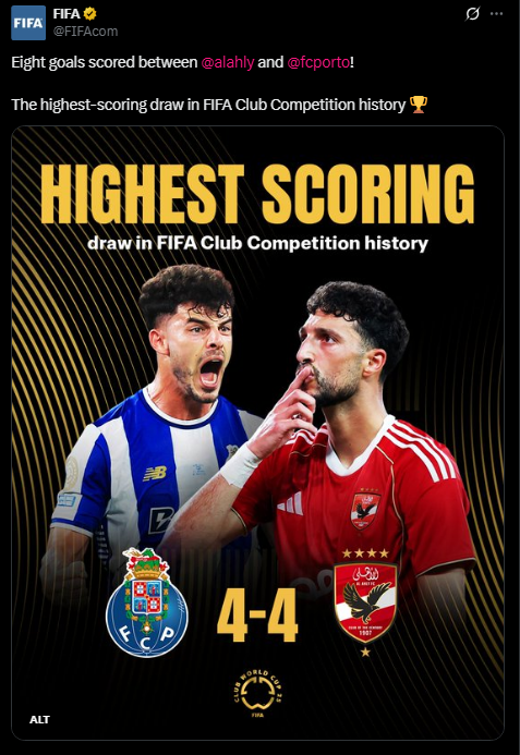 <strong>حساب فيفا الرسمي: نتيجة 4-4 بين الأهلي وبورتو هو أكبر تعادل في تاريخ بطولات الأندية</strong>
