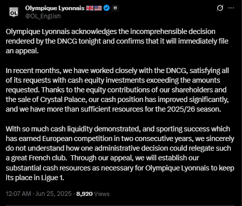 <strong>ليون يعلن استئنافه على قرار هبوطه لدوري الدرجة الثانية الفرنسي</strong>