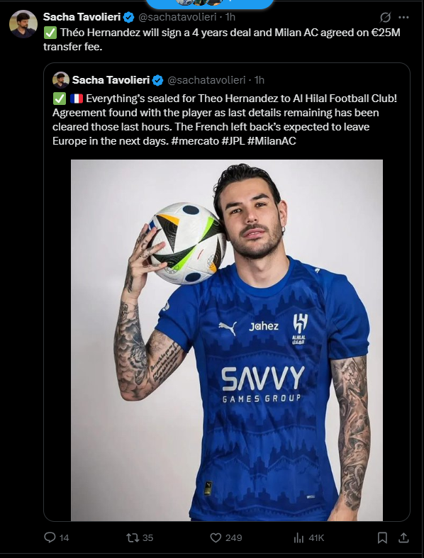 <strong>ميلان يوافق على رحيل ثيو هيرنانديز مقابل 25 مليون يورو.. وسيوقع لـ الهلال لمدة 4 سنوات </strong>