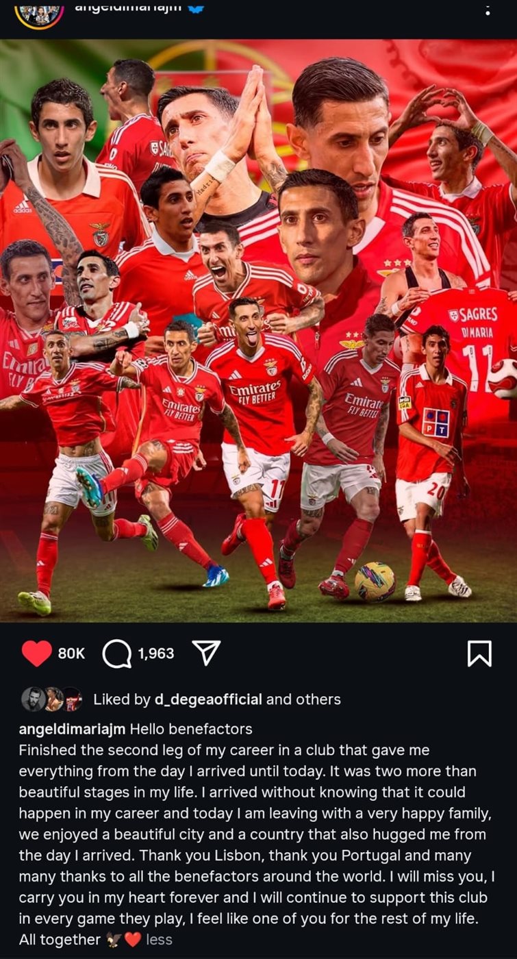 <strong>دي ماريا يودع جمهور بنفيكا البرتغالي قبل رحيله لـ روزاريو الأرجنتيني</strong>