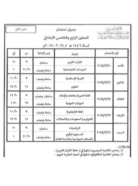 جداول امتحانات الدور الثاني لطلاب الإبتدائي والإعدادي والثانوي والشهادتين الابتدائية والإعدادية الأزهرية