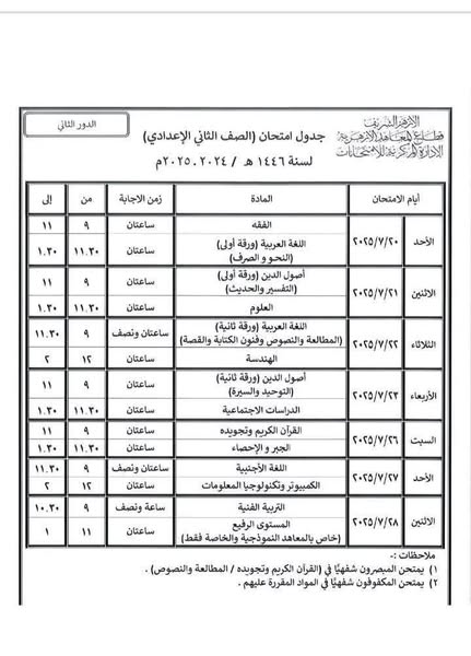جداول امتحانات الدور الثاني لطلاب الإبتدائي والإعدادي والثانوي والشهادتين الابتدائية والإعدادية الأزهرية