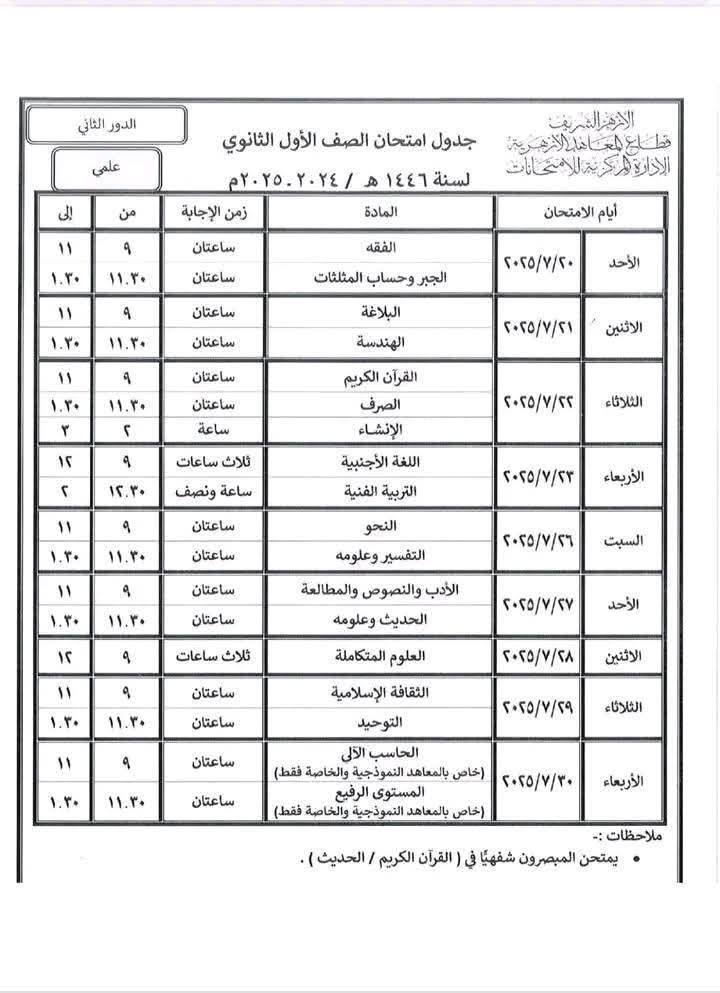 جداول امتحانات الدور الثاني لطلاب الإبتدائي والإعدادي والثانوي والشهادتين الابتدائية والإعدادية الأزهرية