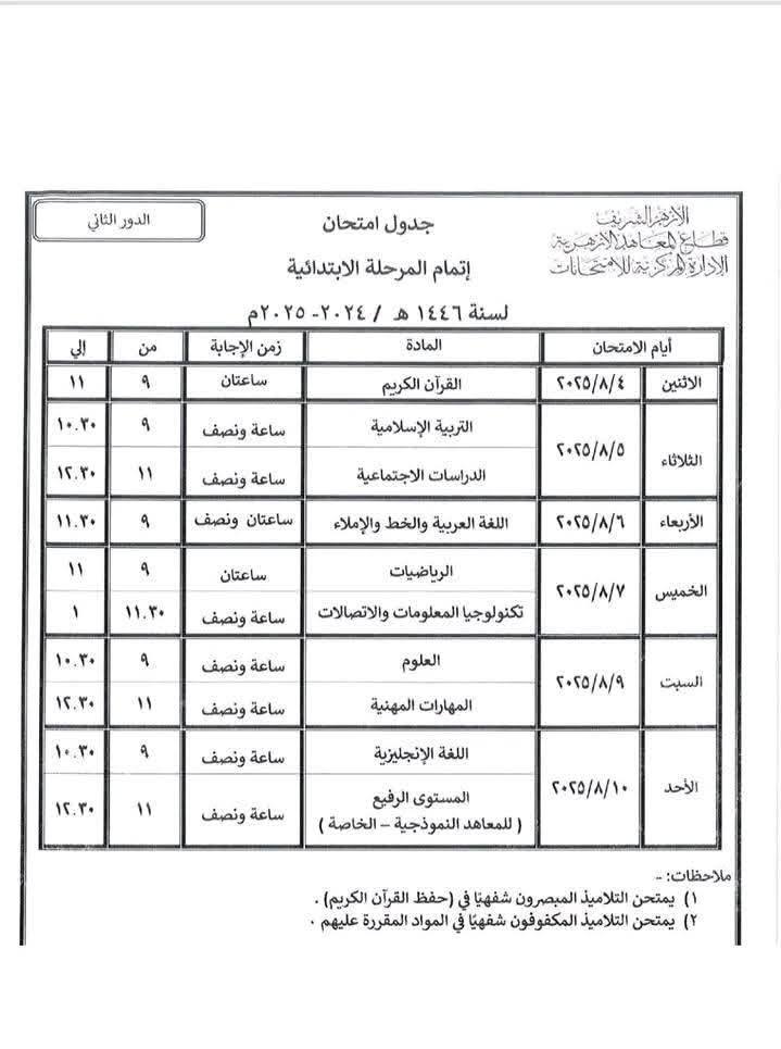 جداول امتحانات الدور الثاني لطلاب الإبتدائي والإعدادي والثانوي والشهادتين الابتدائية والإعدادية الأزهرية