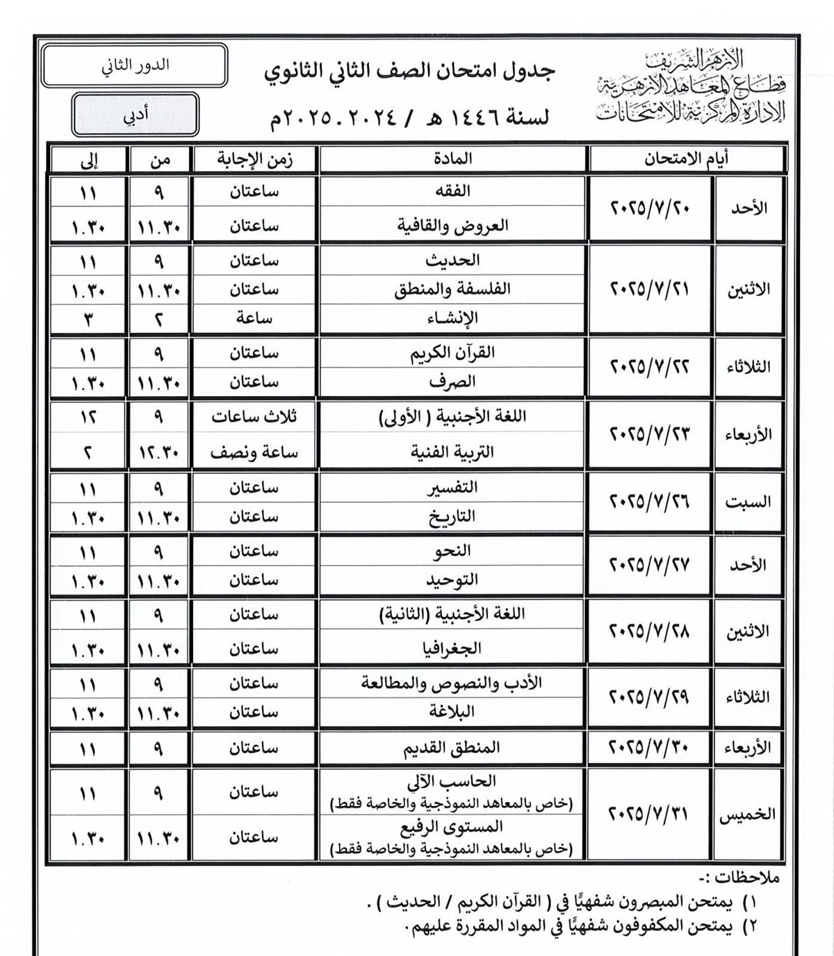 تبدأ خلال أيام.. قطاع المعاهد الأزهرية ينشر جداول امتحانات الدور الثاني للنقل والشهادات