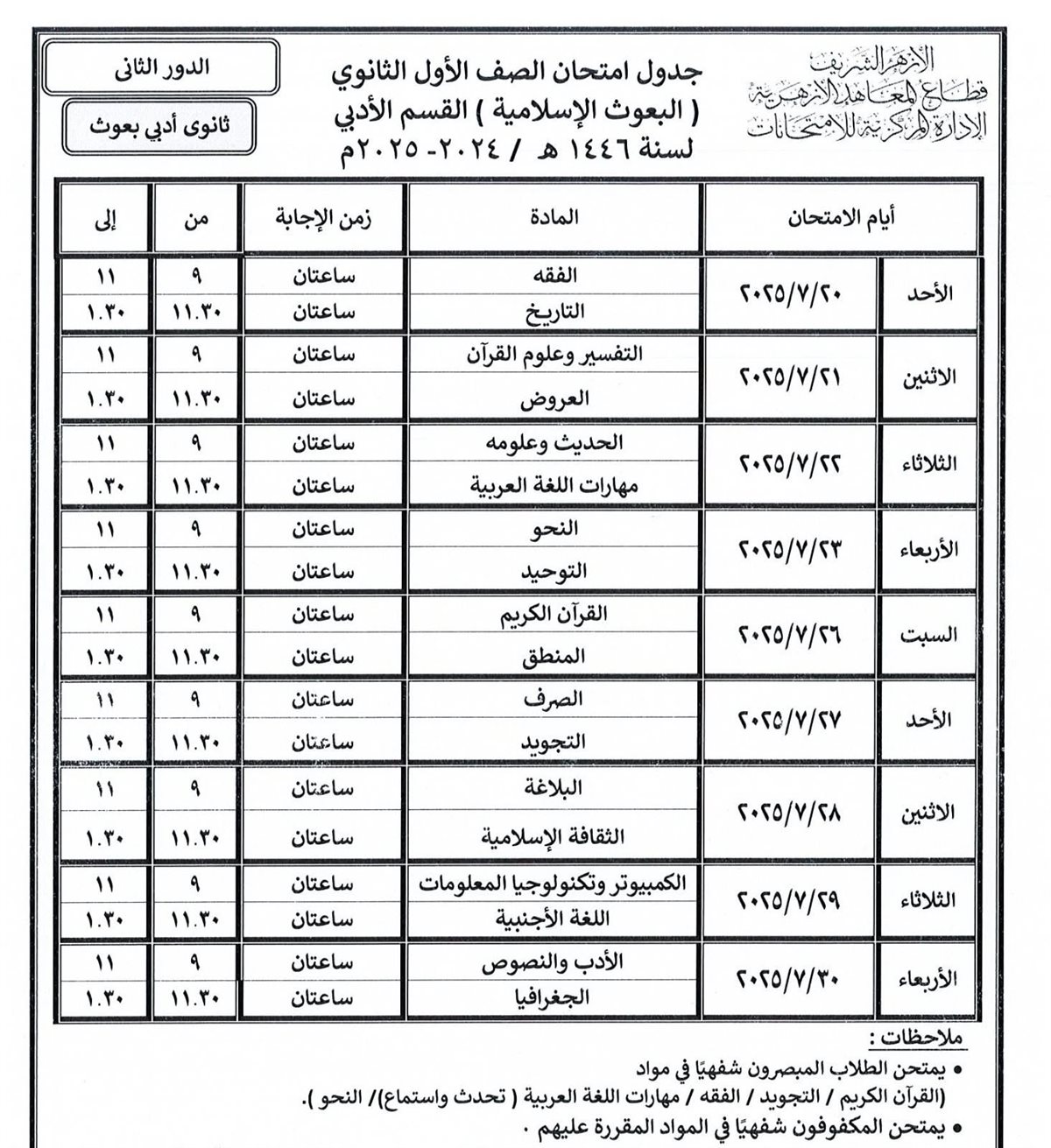 تبدأ خلال أيام.. قطاع المعاهد الأزهرية ينشر جداول امتحانات الدور الثاني للنقل والشهادات