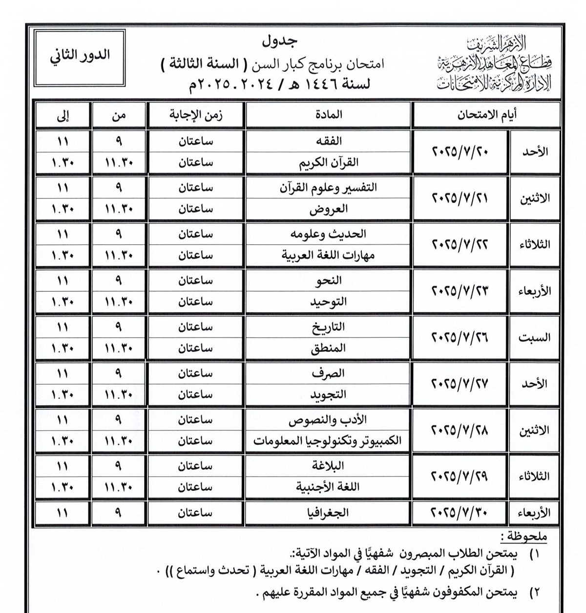 تبدأ خلال أيام.. قطاع المعاهد الأزهرية ينشر جداول امتحانات الدور الثاني للنقل والشهادات