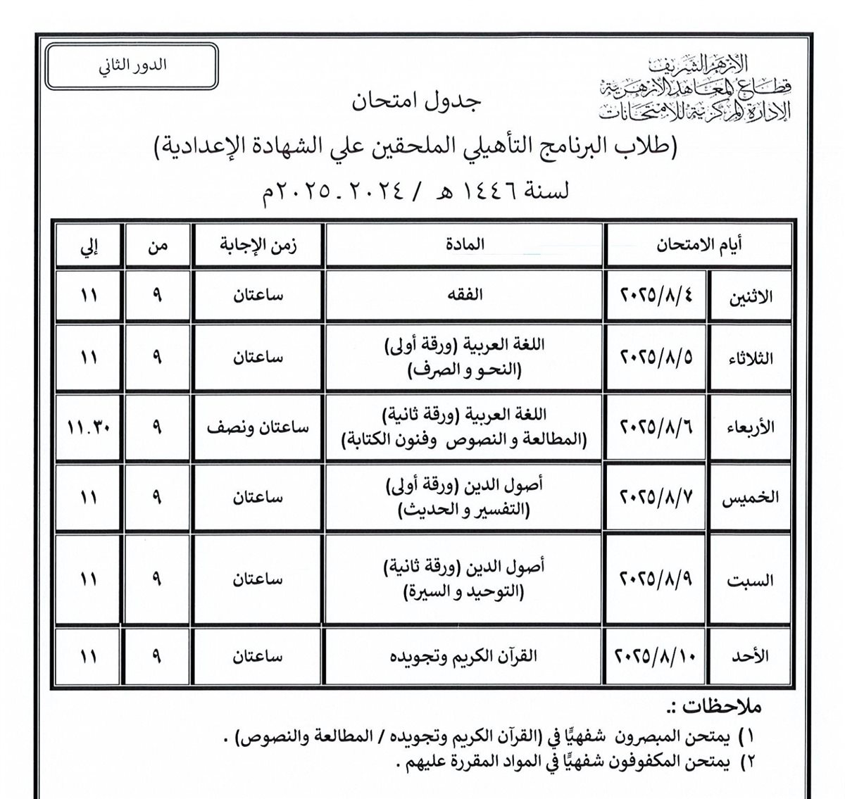 تبدأ خلال أيام.. قطاع المعاهد الأزهرية ينشر جداول امتحانات الدور الثاني للنقل والشهادات