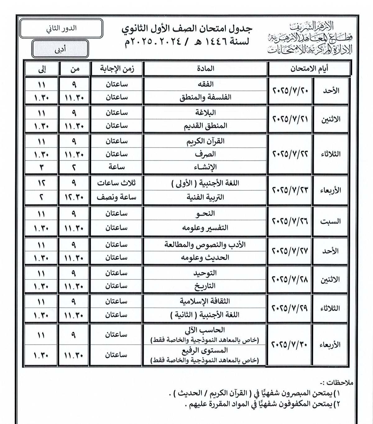 تبدأ خلال أيام.. قطاع المعاهد الأزهرية ينشر جداول امتحانات الدور الثاني للنقل والشهادات