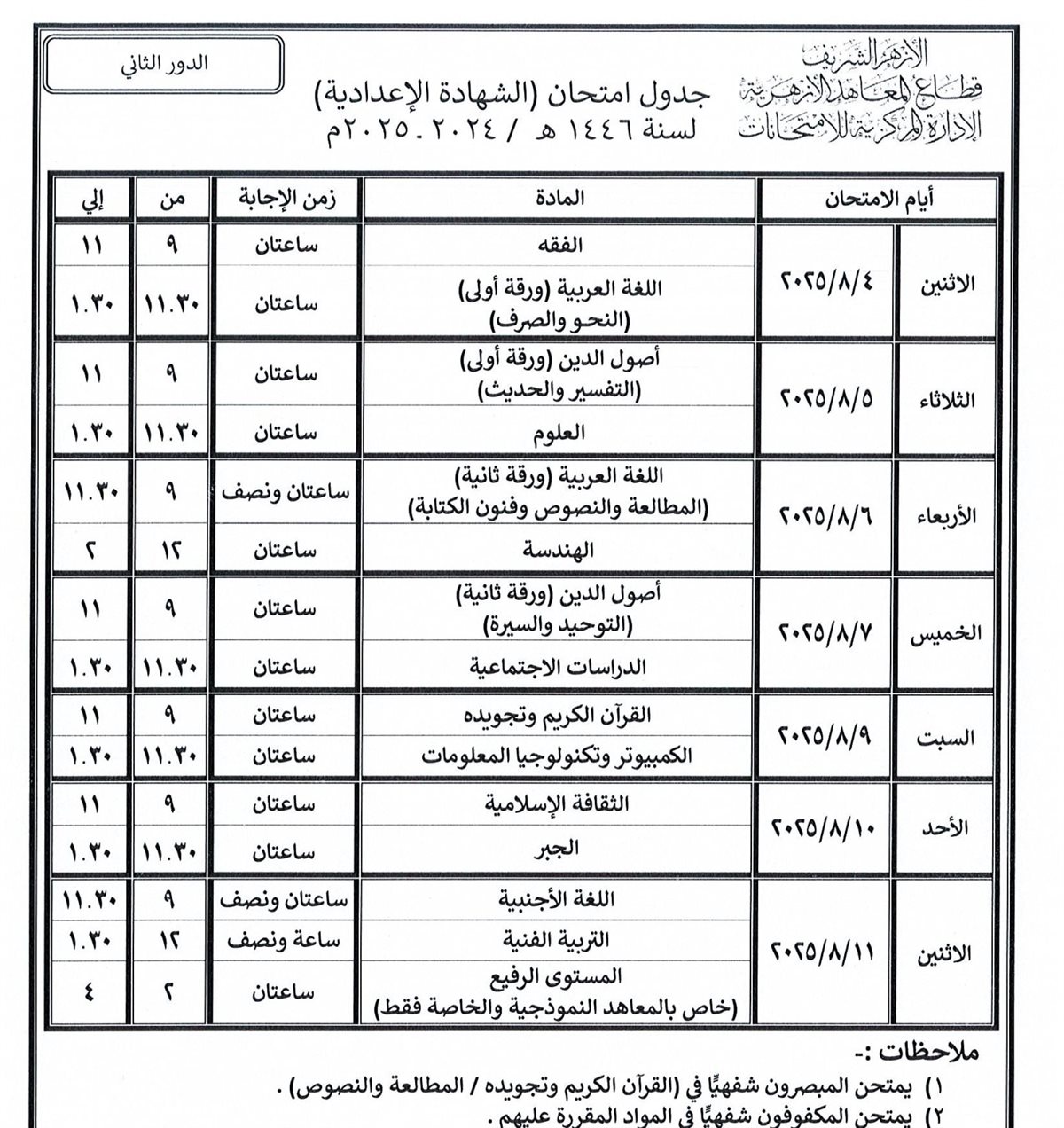 تبدأ خلال أيام.. قطاع المعاهد الأزهرية ينشر جداول امتحانات الدور الثاني للنقل والشهادات