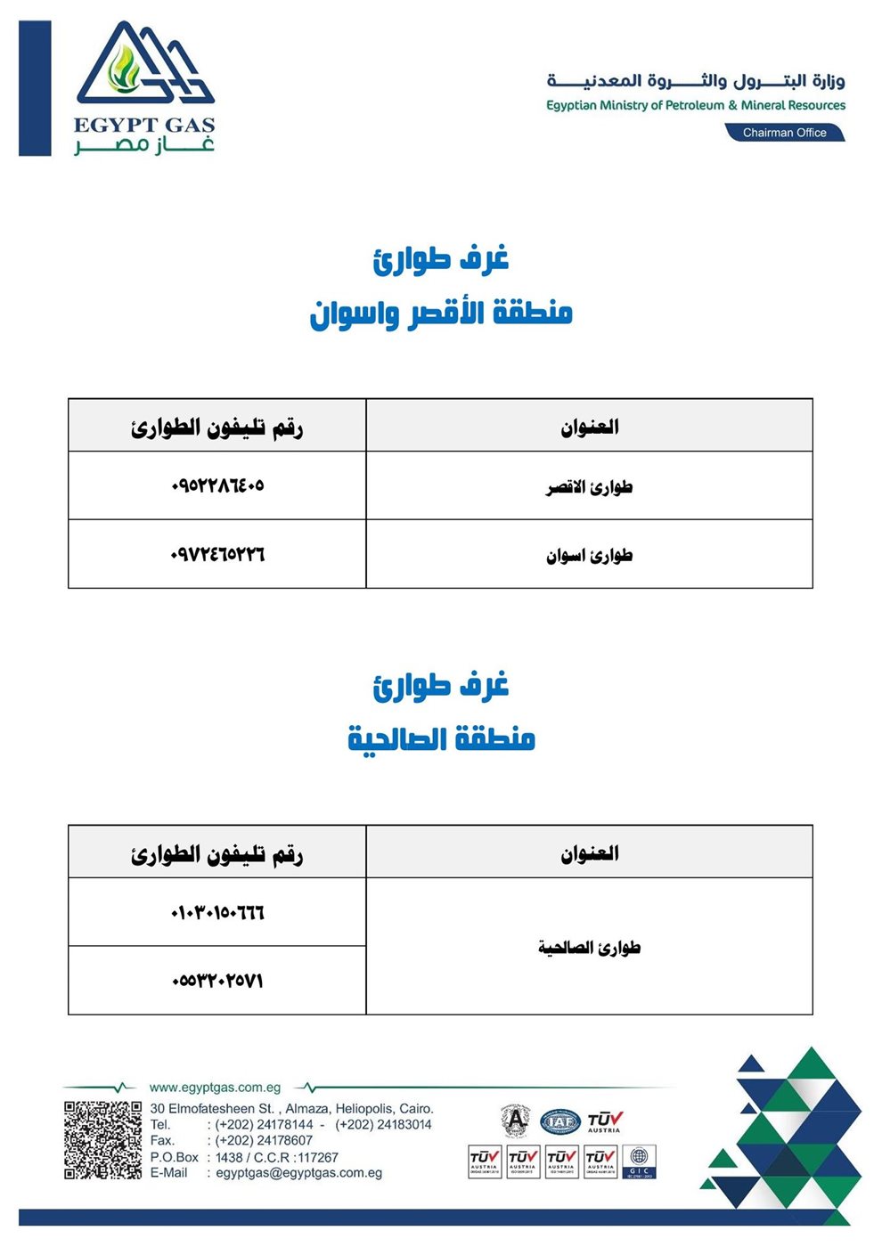 البترول: استمرار عمل أرقام طوارئ الغاز الطبيعي 24 ساعة لضمان سرعة الاستجابة