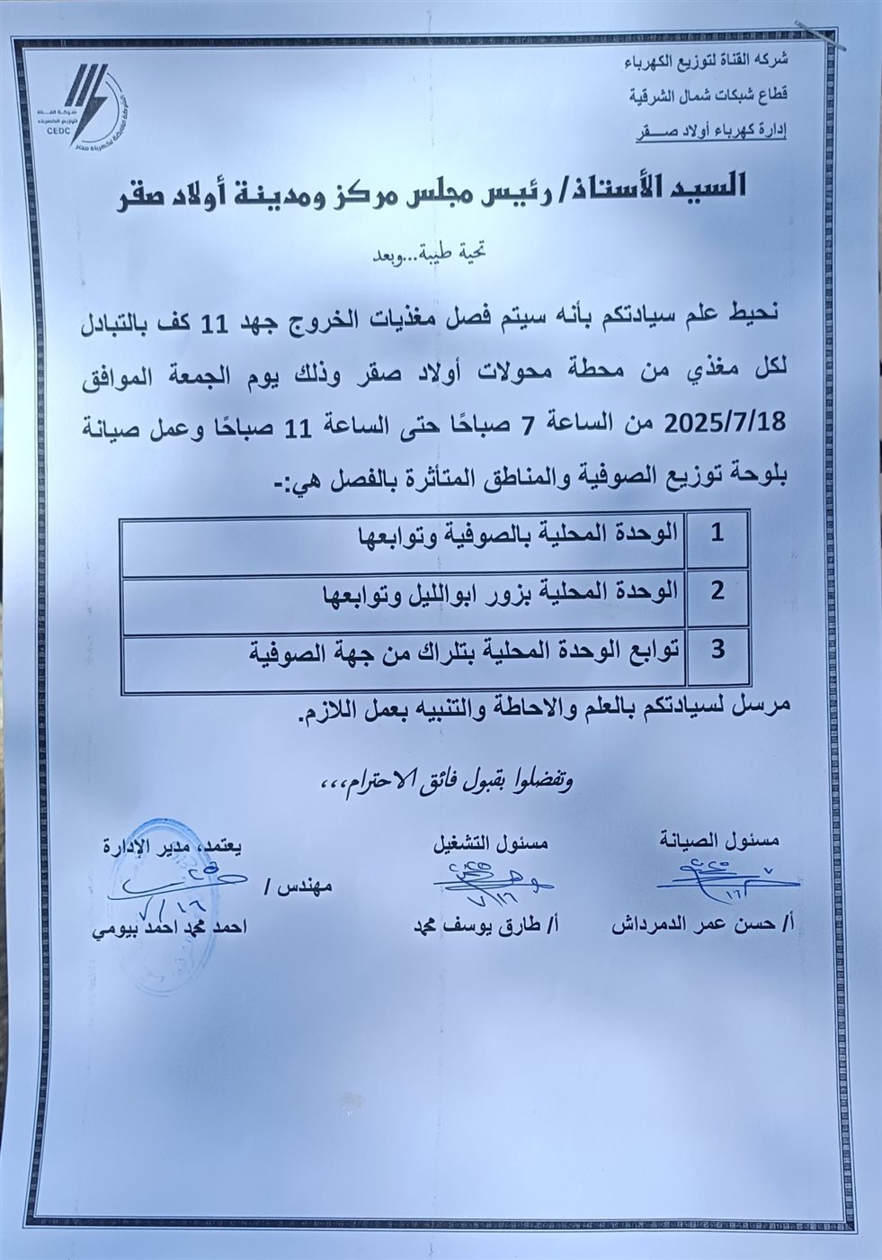 فصل الكهرباء عن عدة مناطق بمركز أولاد صقر بالشرقية 