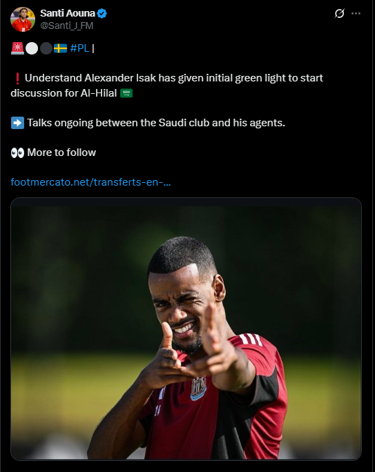 <strong>إيزاك لاعب نيوكاسل يعطي الضوء الأخضر لبدء مفاوضات انتقاله إلى الهلال السعودي</strong>