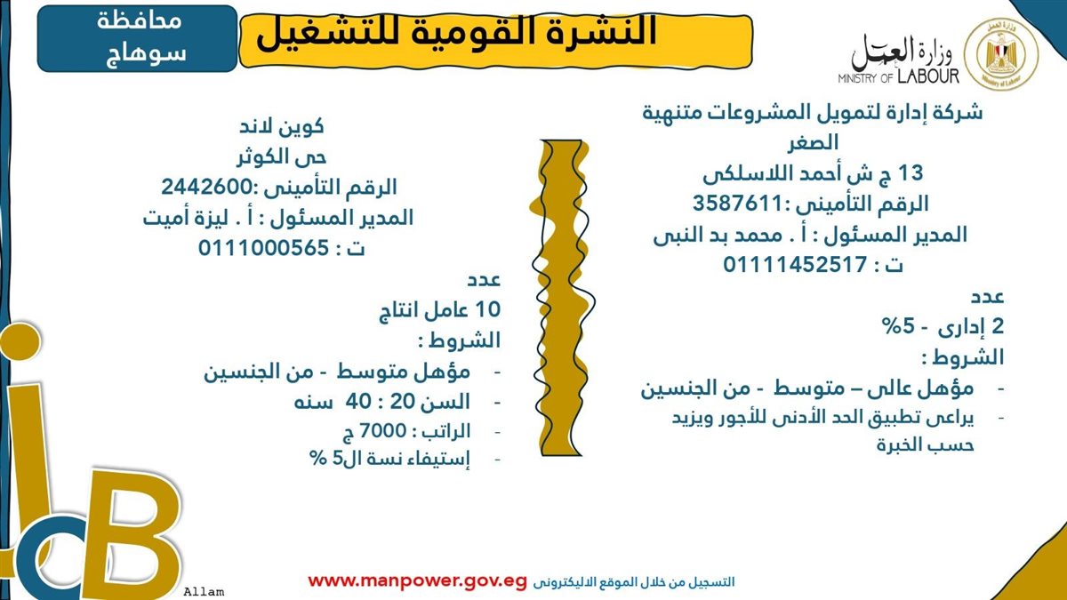 فرص عمل جديدة من وزارة العمل