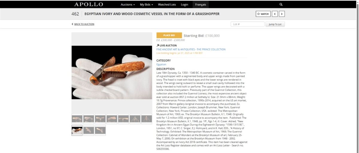 صورة من الإعلان على موقع المزاد 