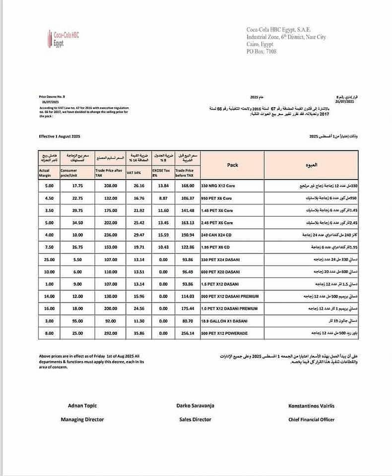 قائمة أسعار منتجات كوكاكولا بالأسواق&nbsp;