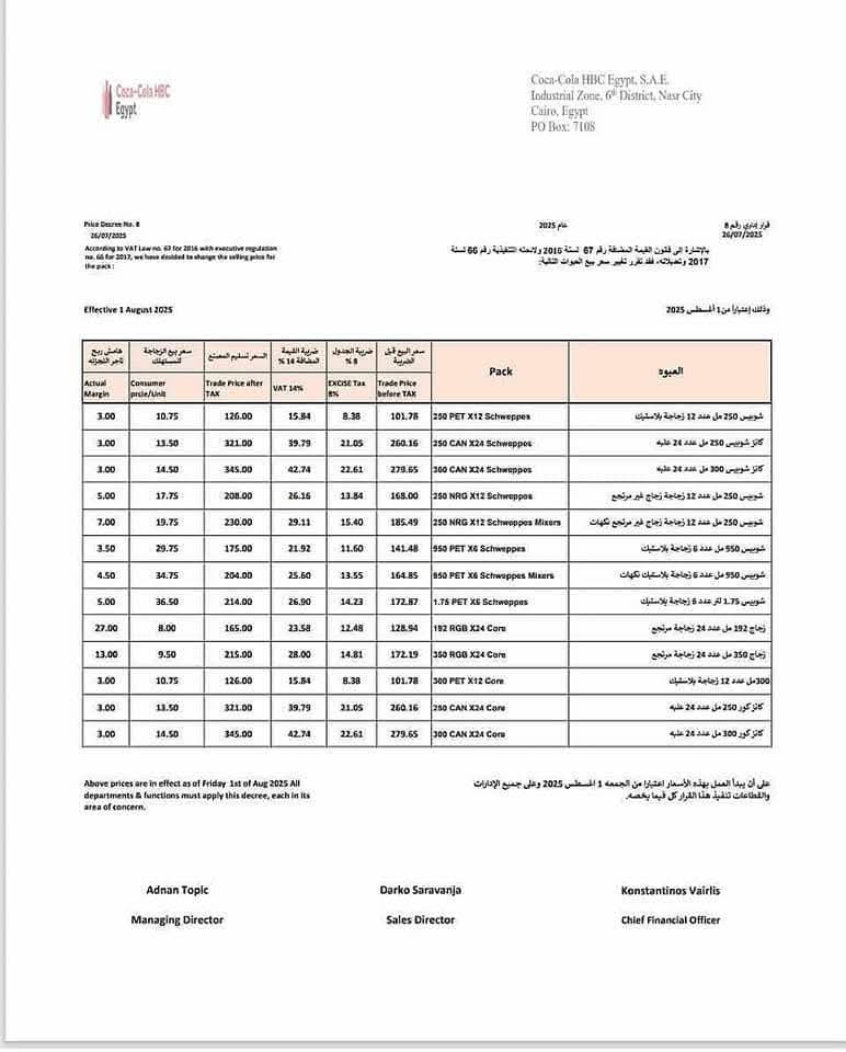 قائمة أسعار منتجات كوكاكولا بالأسواق&nbsp;