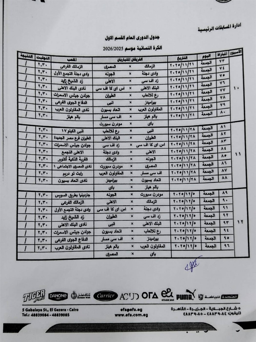 جدول دوري الكرة النسائية