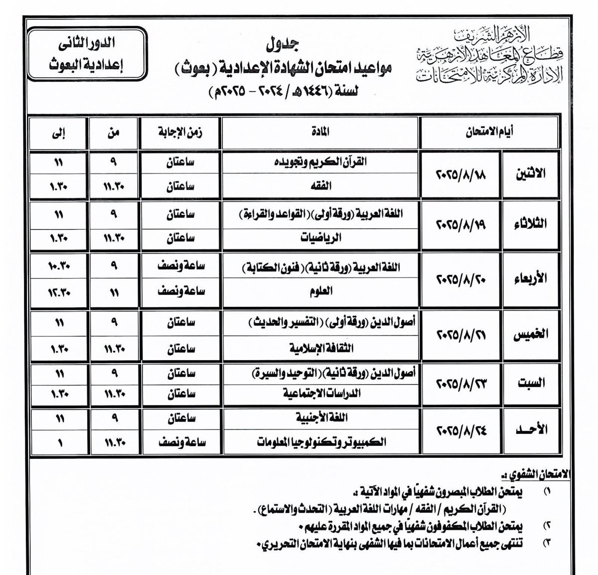تنطلق 18 أغسطس.. ننشر جداول امتحانات الدور الثاني للشهادة الثانوية الأزهرية وإعدادية وثانوية البعوث