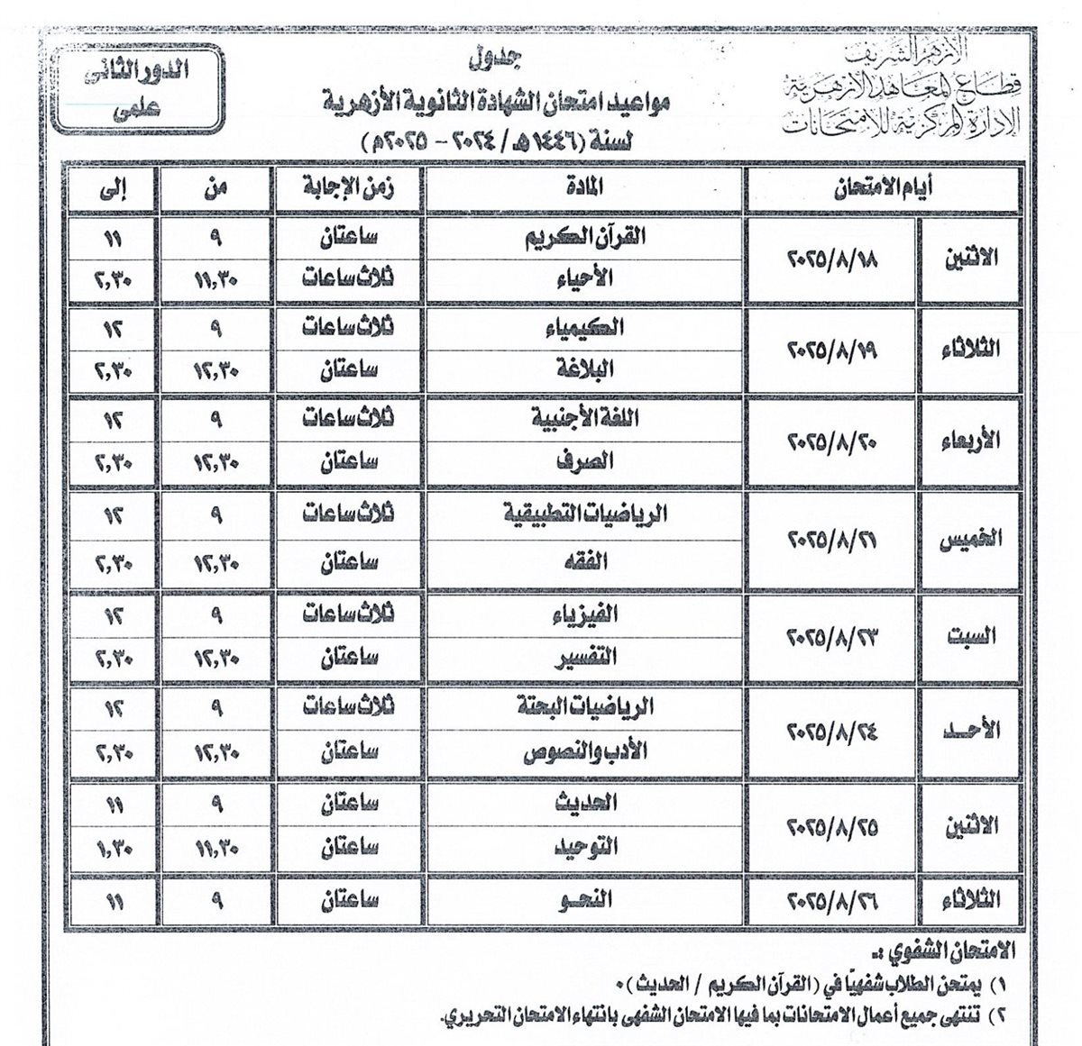  جدول امتحانات الثانوية الأزهرية 2025 الدور الثاني علمي