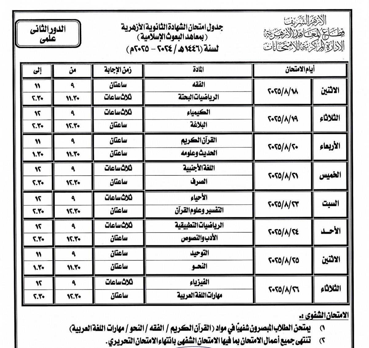 جدول امتحانات الثانوية الأزهرية 2025 الدور الثاني بمعاهد البعوث الإسلامية