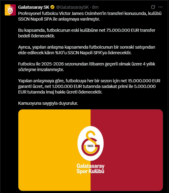 <strong>راتب 15 مليون يورو سنويًا لمدة 4 مواسم.. جلطة سراي يعلن تفاصيل عقد أوسيمين</strong>