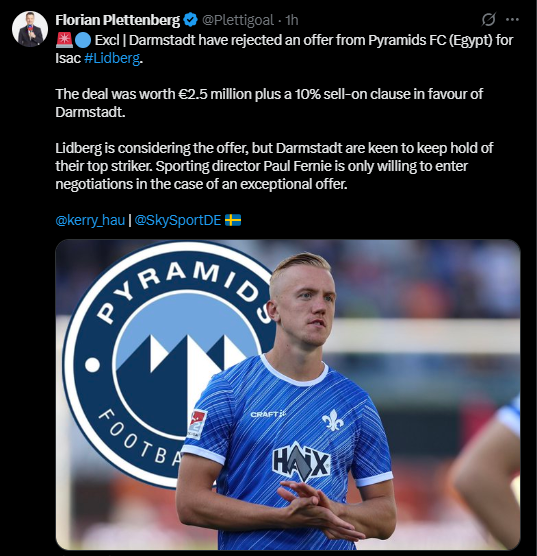 <strong>دارمشتات يرفض عرض بيراميدز لضم مهاجمه.. وشرط وحيد يجعل الفريق الألماني يوافق</strong>