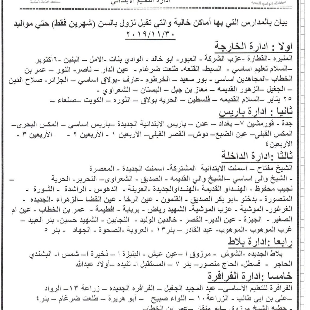 المدارس التى سيتم النزول بها في السن للصف الاول الابتدائي