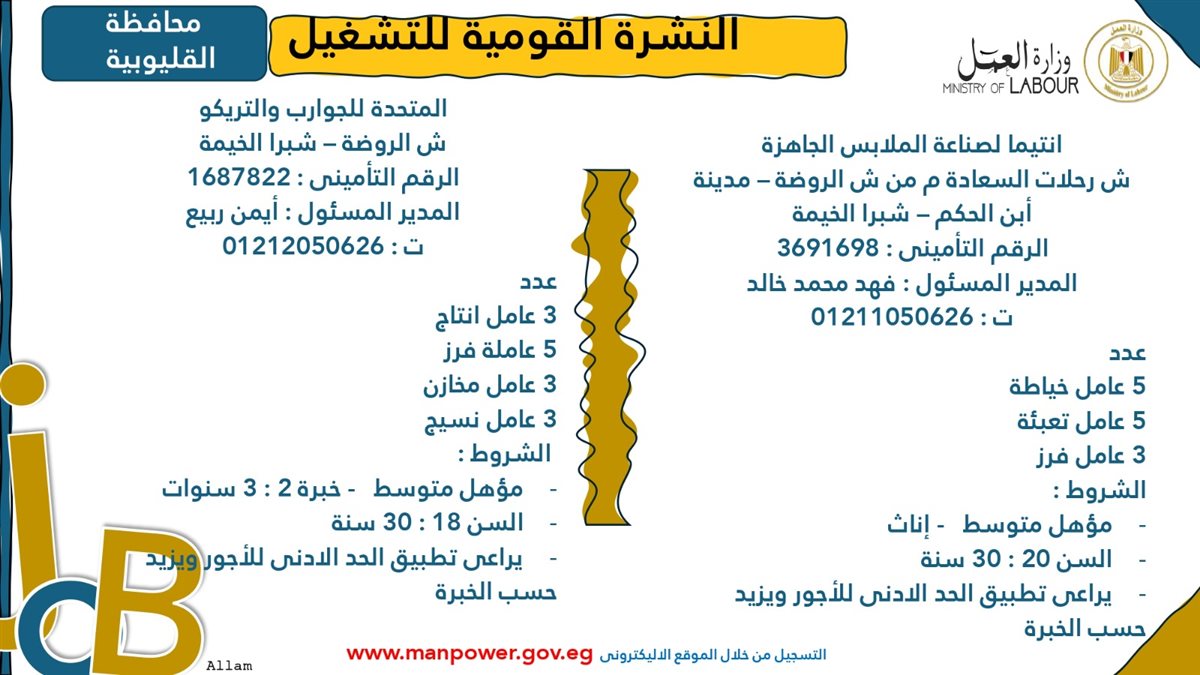 فرص عمل جديدة من وزارة العمل