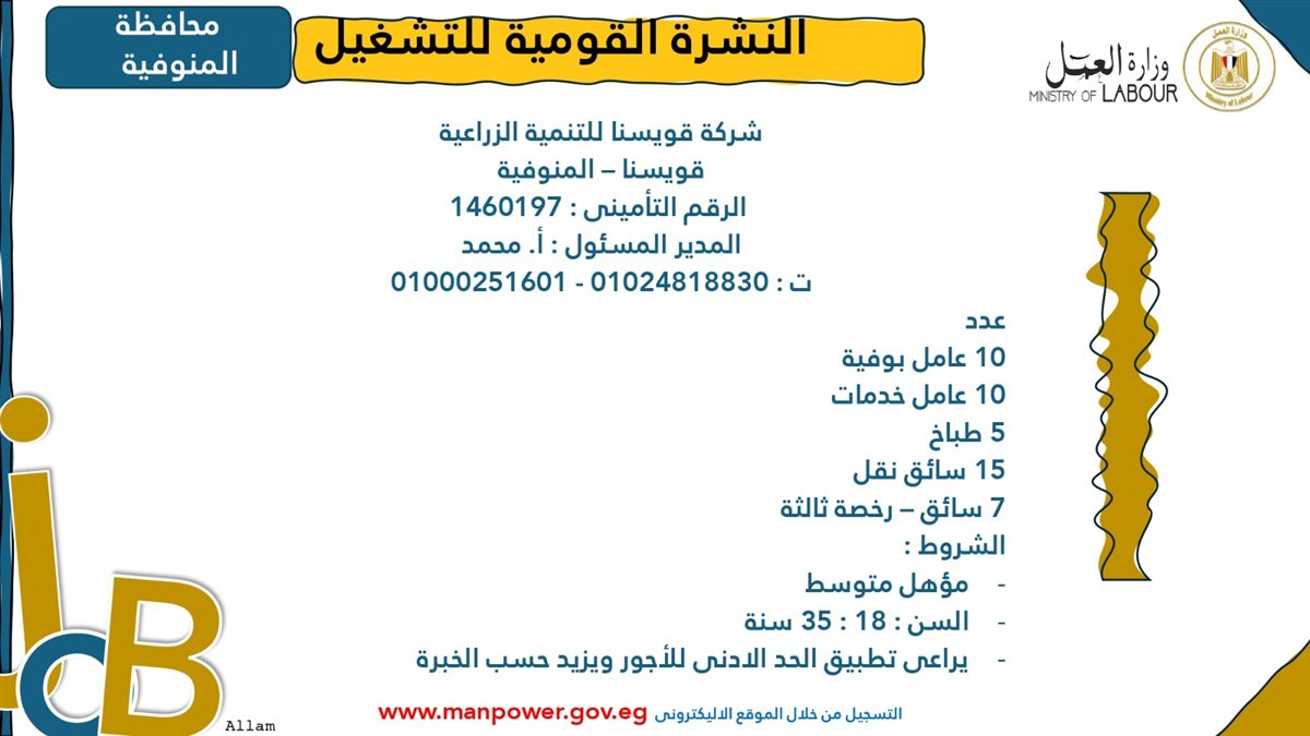 فرص عمل جديدة من وزارة العمل