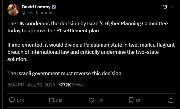 منشور وزير الخارجية البريطاني ديفيد لامي عن إدانة القرار 