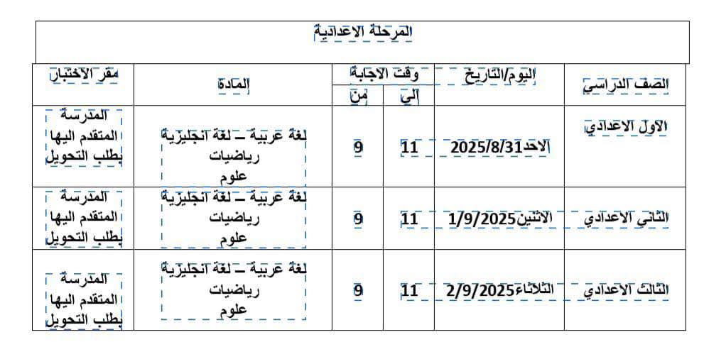 جدول المرحلة الإعدادية 