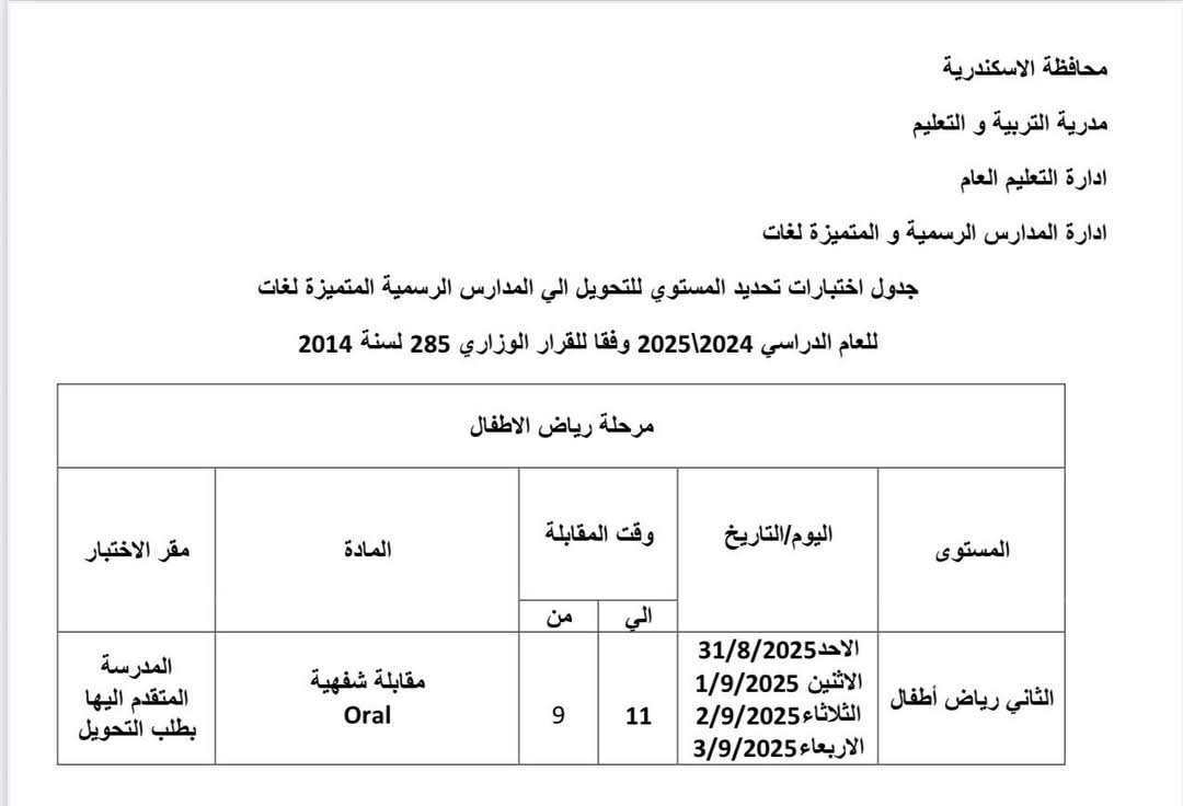 جدول رياض الأطفال 