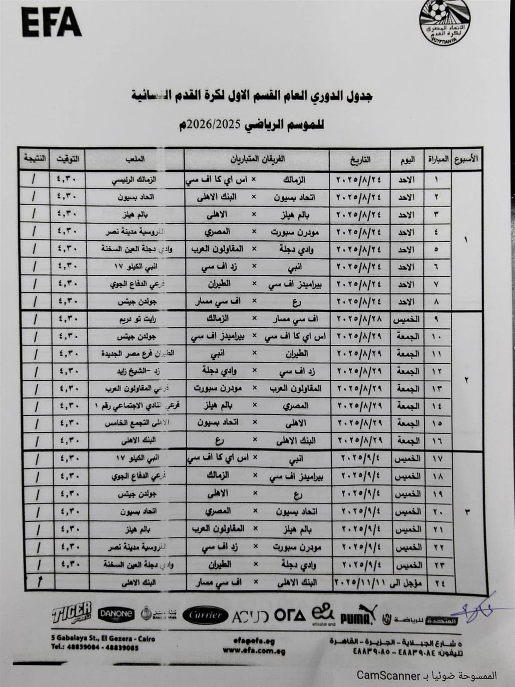 جدول دوري الكرة النسائية