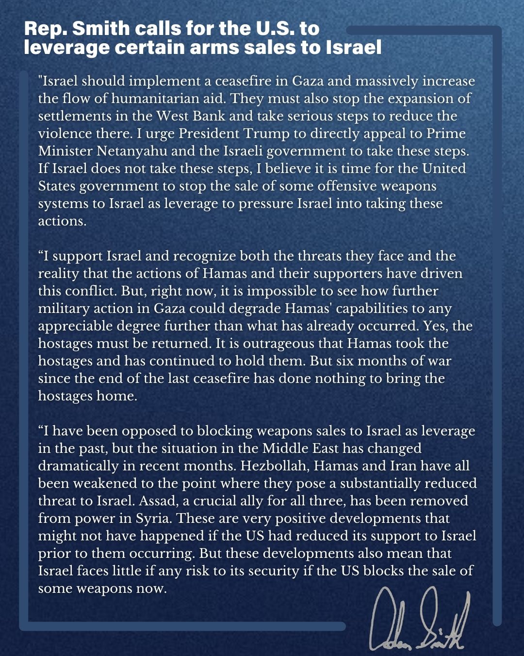 قيادي ديمقراطي في لجنة الخدمات المسلحة الأمريكية يدعو لوقف تزويد إسرائيل بالأسلحة الهجومية 