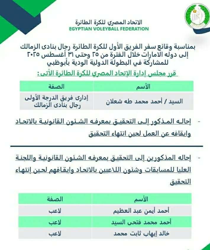 بيان اتحاد الطائرة بشأن أزمة الزمالك