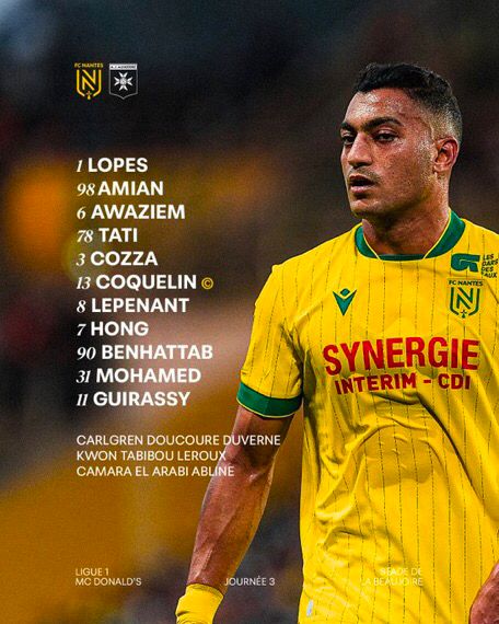 <strong>تشكيل نانت الرسمي لمواجهة اوكسير في الجولة 3 لمسابقة الدوري الفرنسي 2025 - 2026</strong>