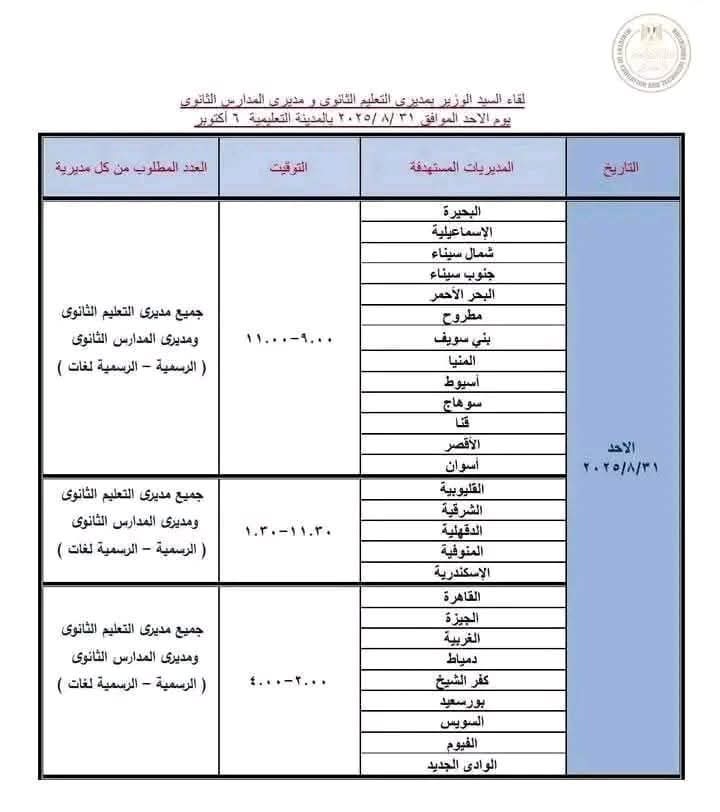 جدول لقاءات وزير التعليم مع مديري المدارس 
