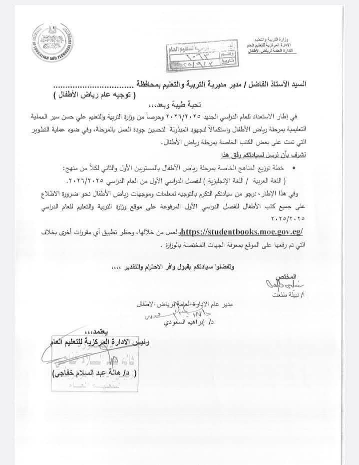  خطة توزيع المناهج الخاصة بمرحلة رياض الأطفال بالمستويين الأول والثاني