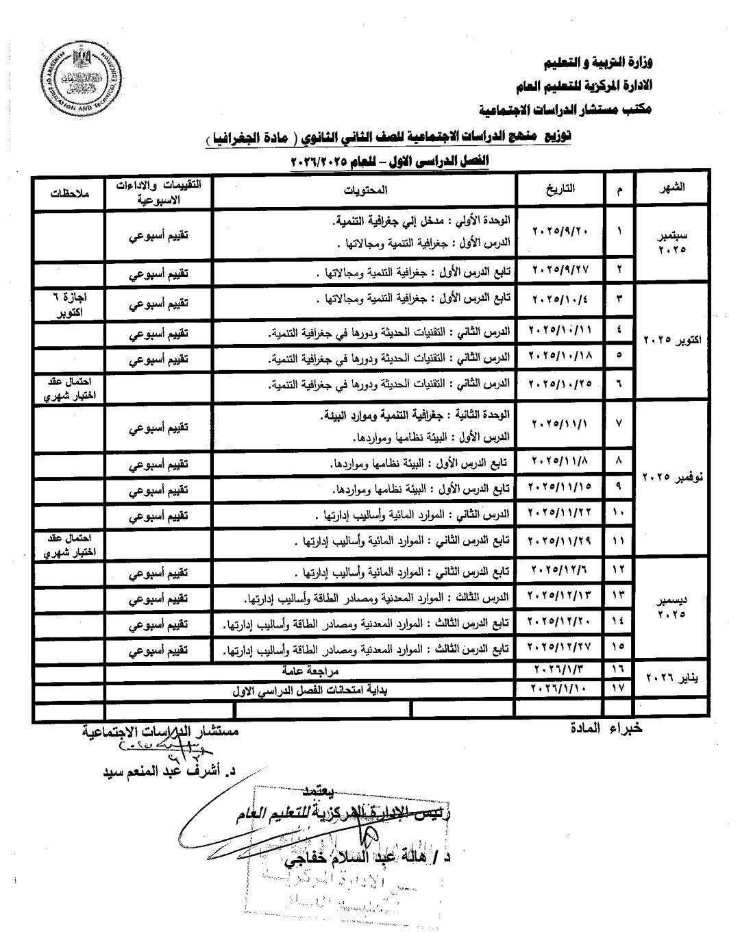 توزيع منهج الجغرافيا والتاريخ للصفين الأول والثانى الثانوى