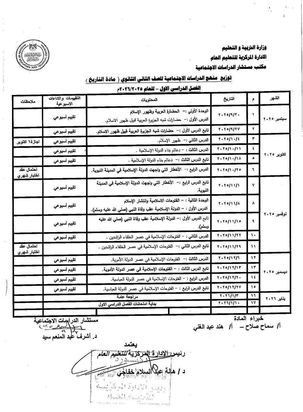 توزيع منهج الجغرافيا والتاريخ للصفين الأول والثانى الثانوى