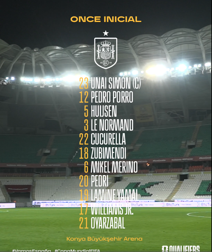 <strong>التشكيل الرسمي لـ منتخب إسبانيا ضد تركيا في تصفيات أوروبا المؤهلة إلى كأس العالم 2026</strong>