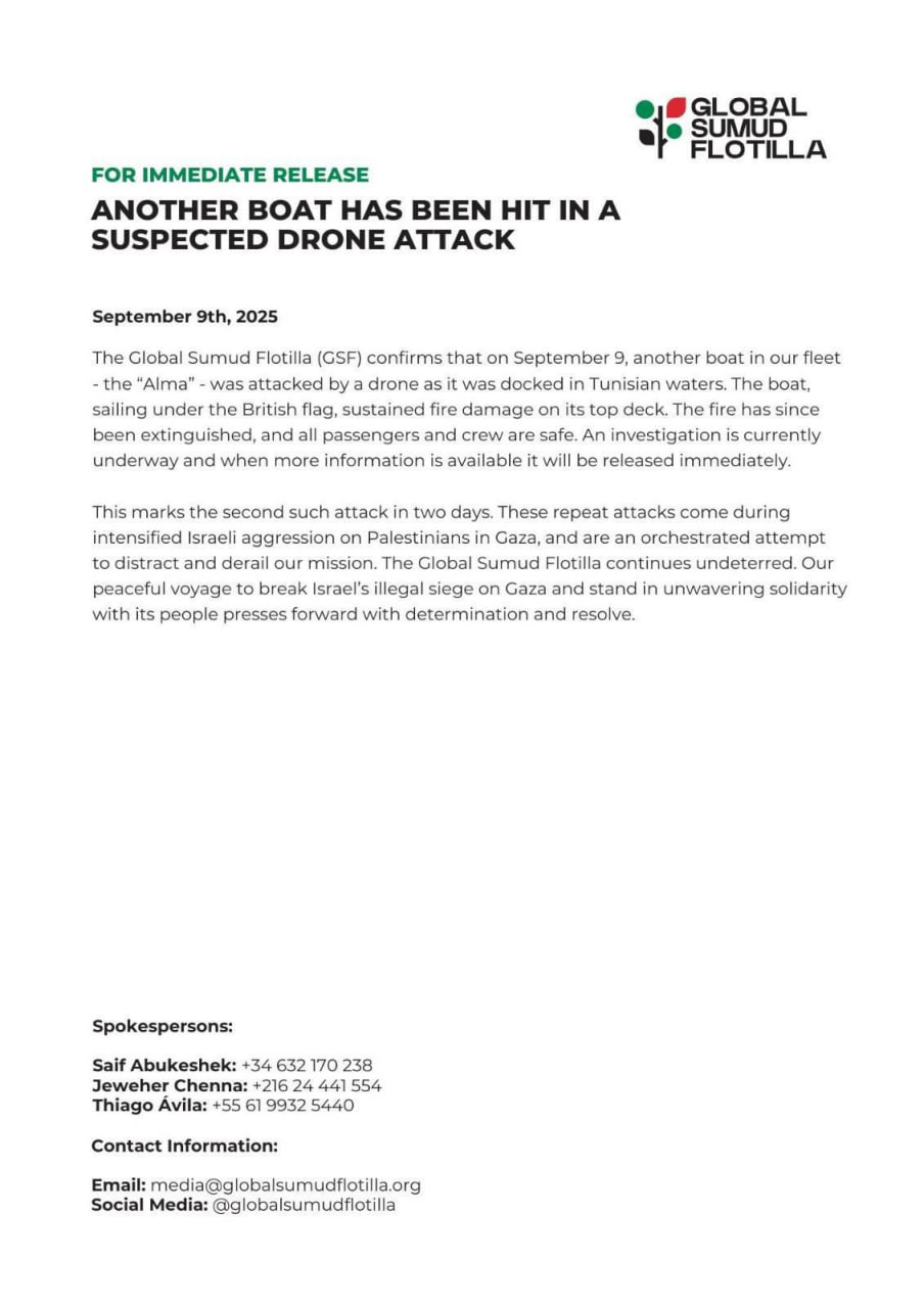 بيان اسطول الصمود بشأن هجوم مسيرة على السفينة ألما 