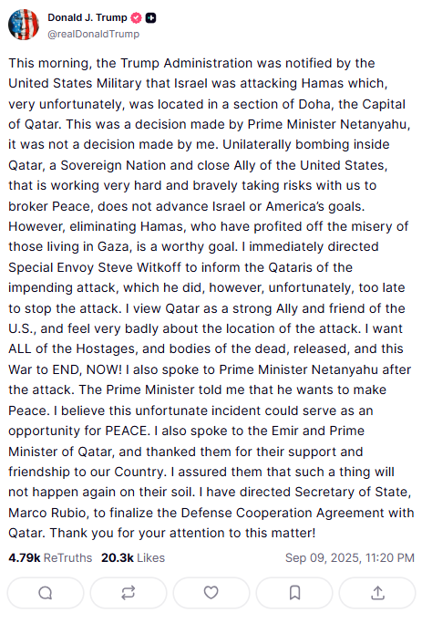 منشور ترامب على تروث سوشيال 