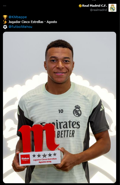 <strong>المهاجم الفرنسي كيليان مبابي يفوز بجائزة أفضل لاعب في نادي ريال مدريد خلال شهر أغسطس</strong>