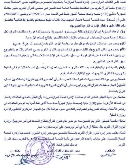 <strong>7 أشهر.. طوابط وتفاصيل الاستعانة بـ5436 معلمة قرآن من المكلفات بالخدمة العامة لسد العجز مقابل 700 جنيه</strong>